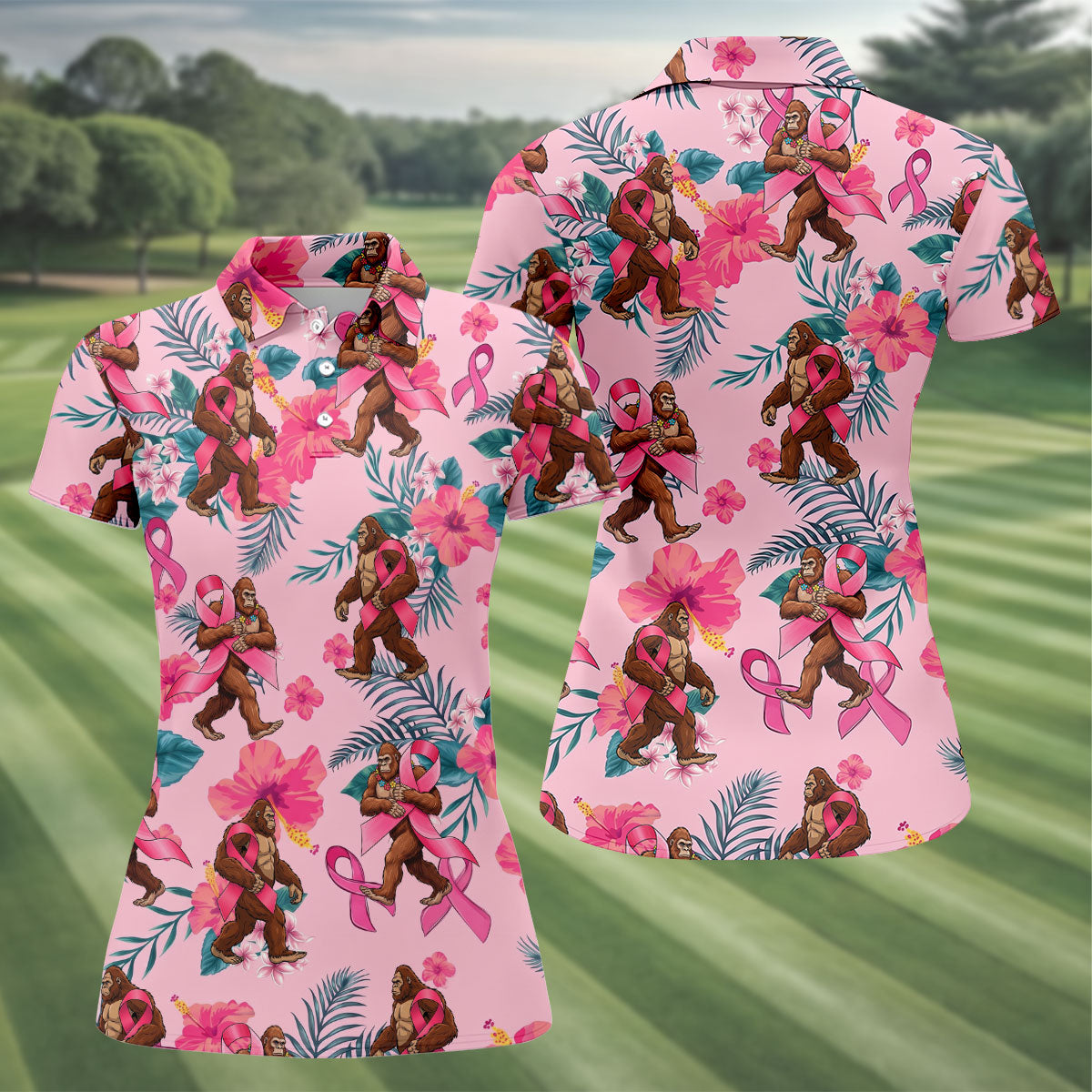 Bigfoot Pink Ribbon Floral Breast Cancer Polo Shirt, Women’s Golf Polo, Ladies Golf Top