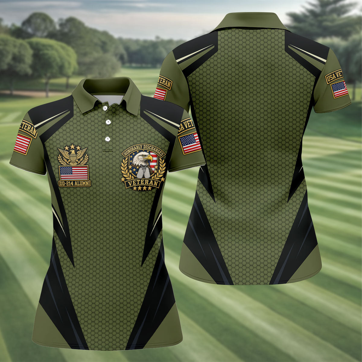 DD-214 Olive Hexagon Golf Polo Shirt, Golf Shirts For Women, Veterans Day Golf Shirt