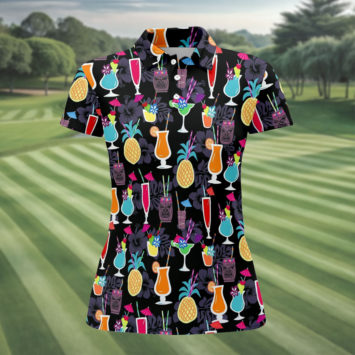 Tropical Drinks Dark Floral Cinco De Mayo Celebration Fiesta Themed Ladies Golf Tops, Golf Shirt For Women