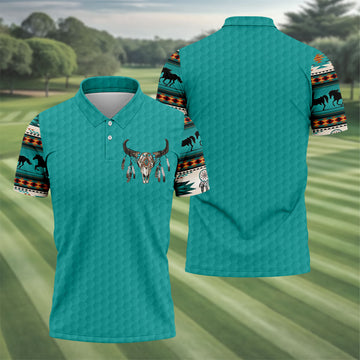 Turquoise Southwestern Bull Skull Golf Polo Shirt, Printed Golf Shirts, Golf Shirts For Men