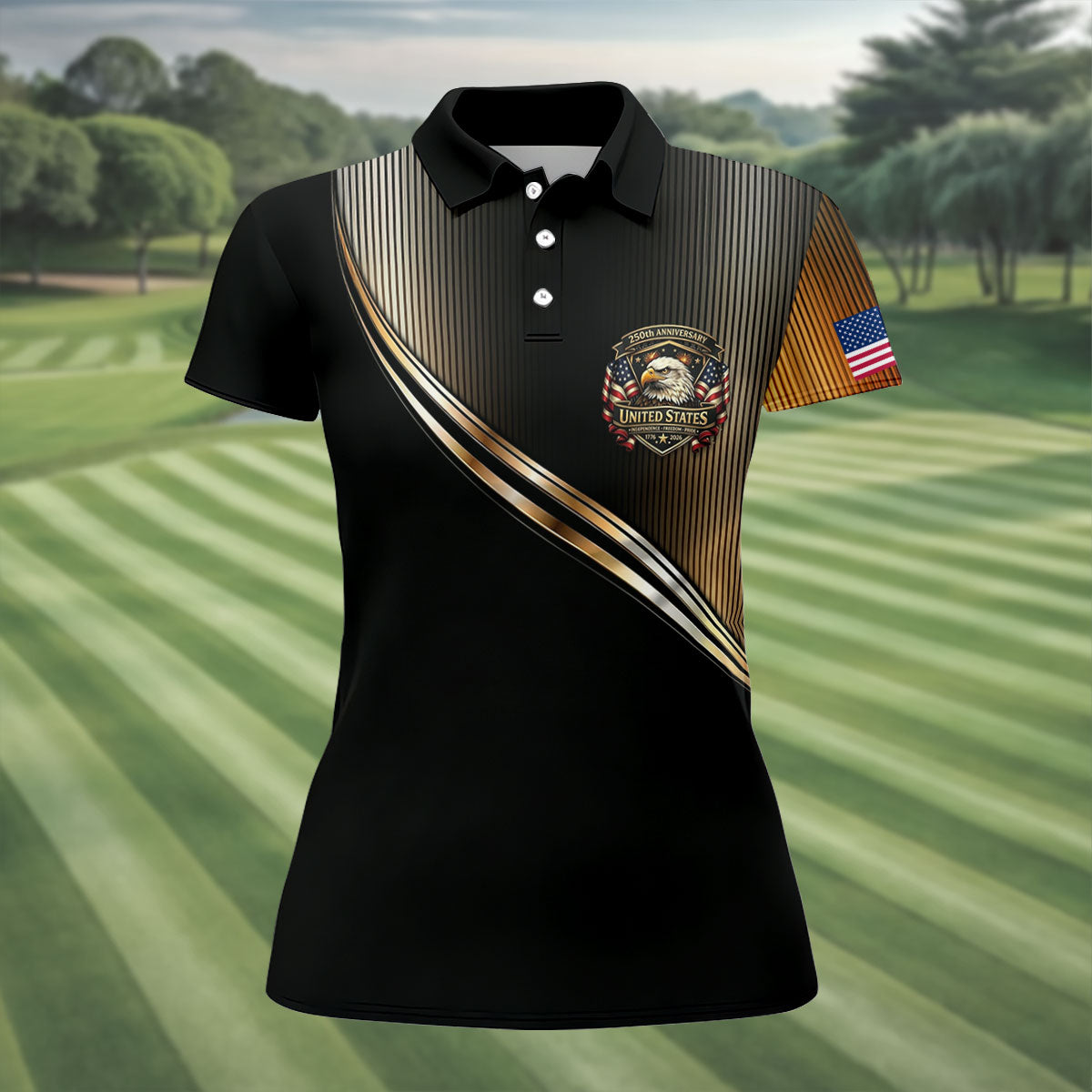250th Anniversary Metallic Looking Patriotic Golf Shirt, 4th Of July Golf Shirt For Women
