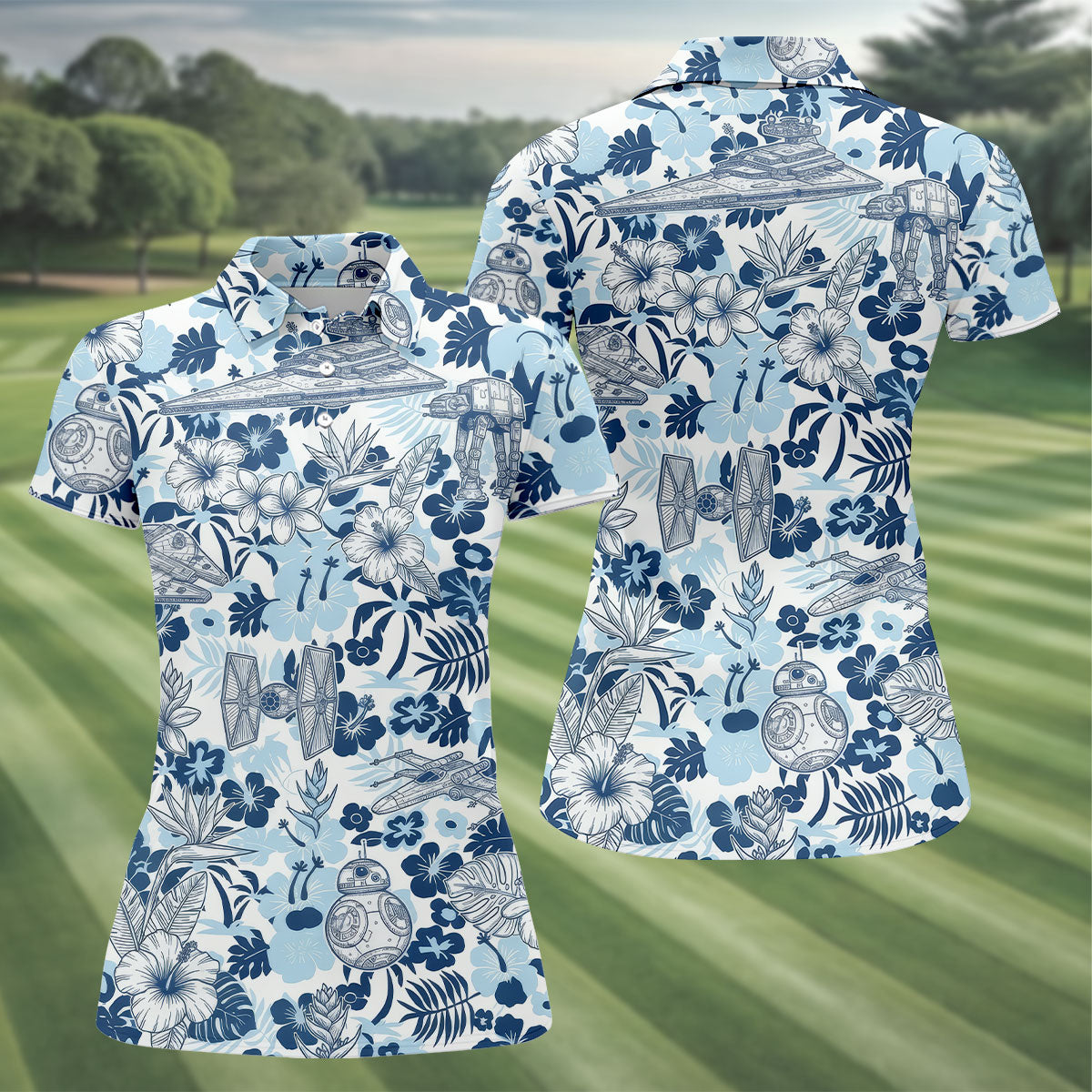 Retro Spacecraft Hawaiian Golf Polo Shirt, Women's Golf Tops, Golf Shirts For Women