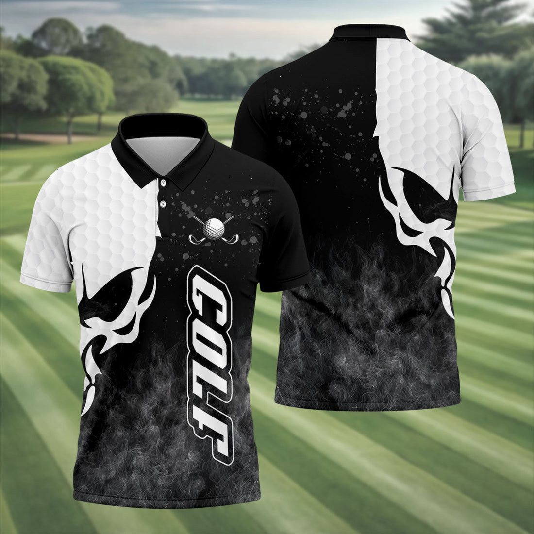 Monochrome Skull Golf Ball Graphic Golf Shirt, Mens Golf Polo, Printed Golf Shirts