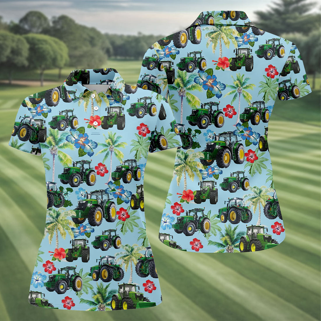Vintage Tractor Palm Tree Golf Shirt, Women's Golf Shirt, Hawaiian Golf Shirt, Golf Polo For Women