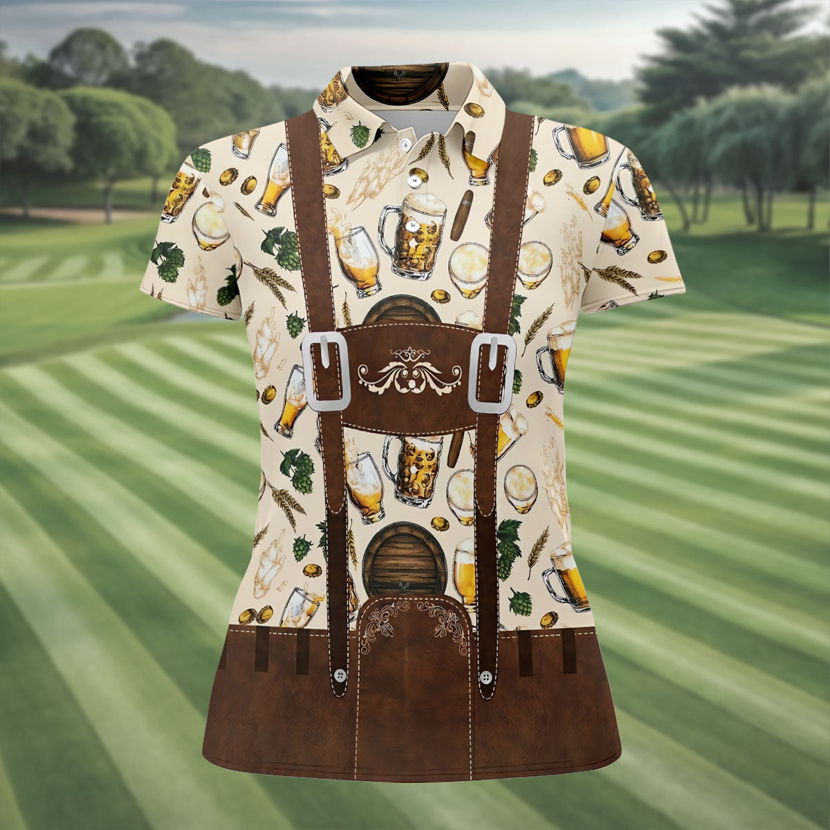 Oktoberfest Lederhosen Beer Pattern Golf Polo Shirt, Hawaiian Golf Shirt, Women’s Golf Polo