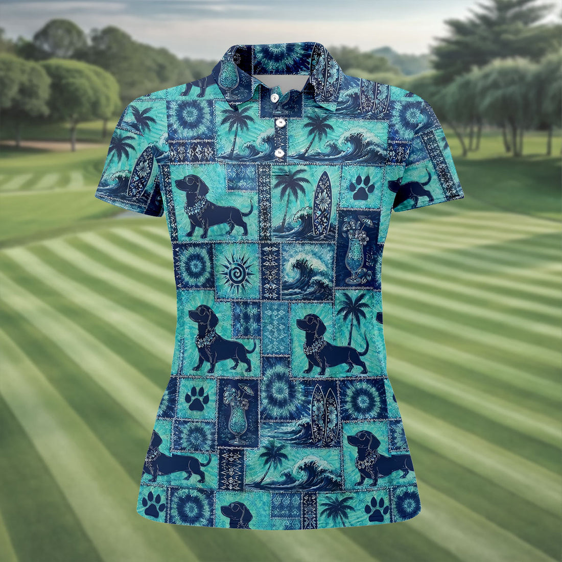 Funny Tropical Dog Surf Patchwork Golf Polo Shirt, Womens Golf Tops, Ladies Golf Top