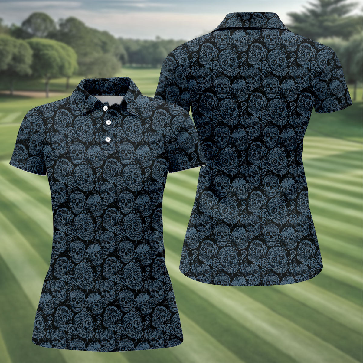 Gothic Sugar Skull Pattern Golf Polo Shirt, Golf Shirts For Women, Women’s Golf Polo