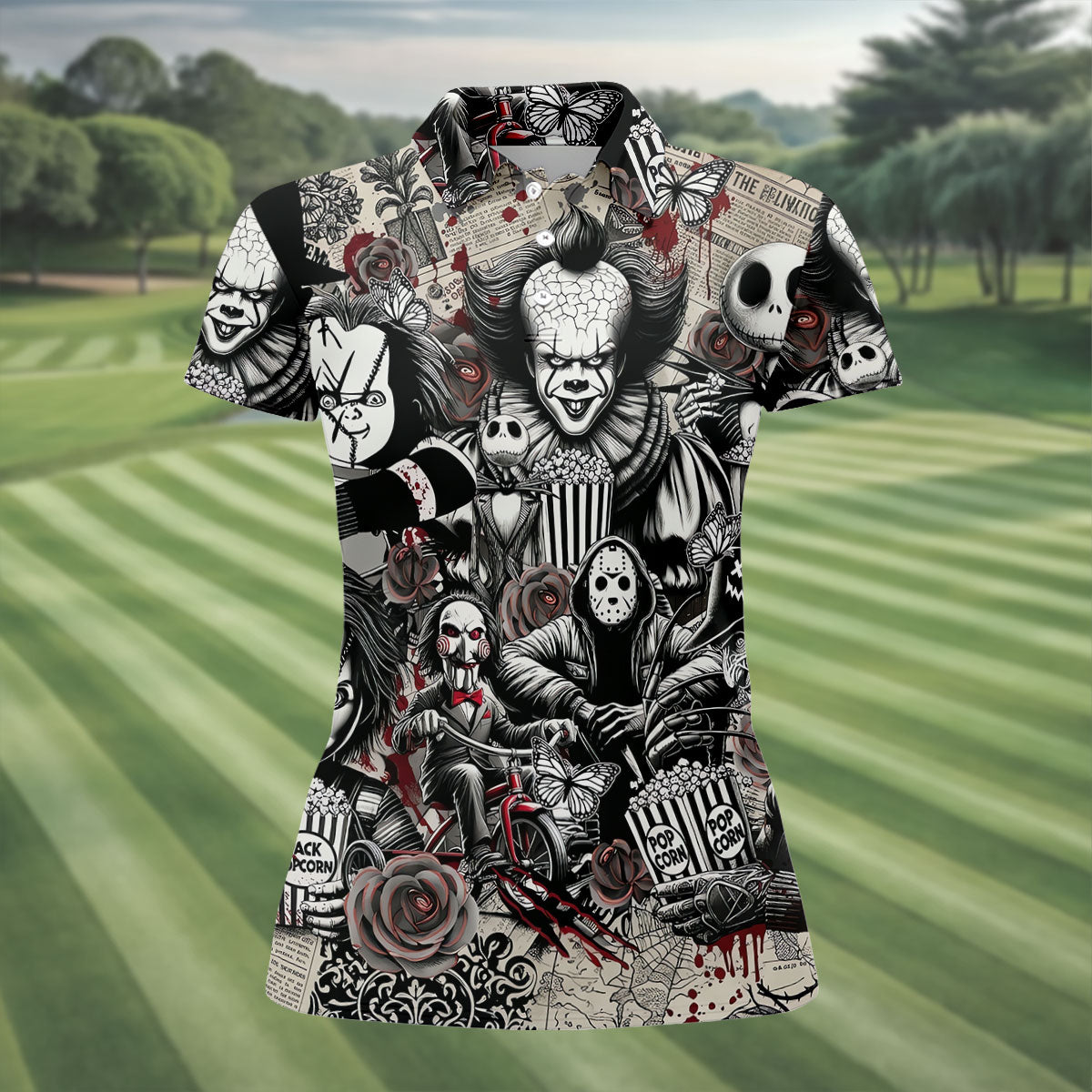 Horror Character Movie Collage Golf Polo Shirt, Women's Golf Polo, Hawaiian Golf Shirt