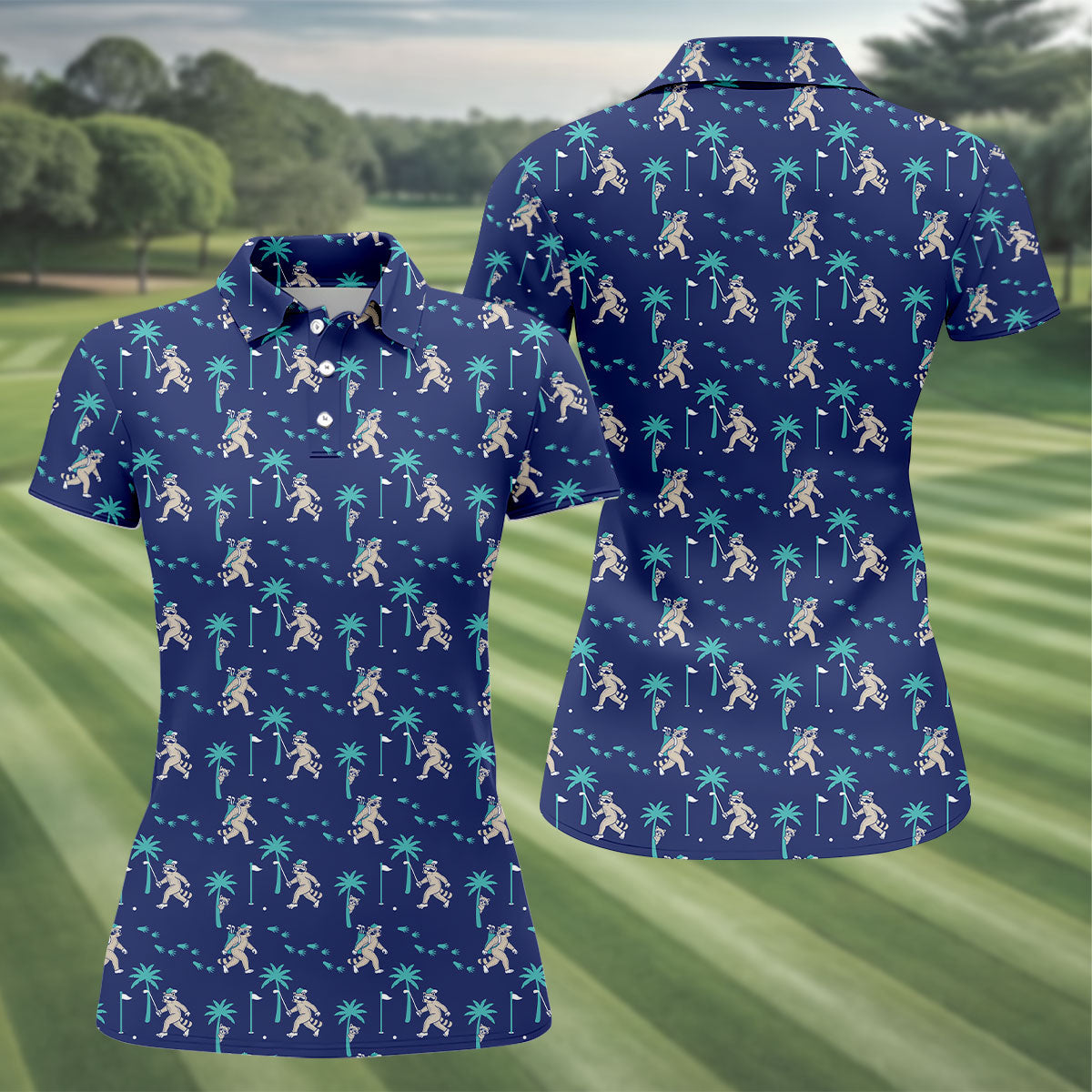 Funny Raccoon Tropical Golf Pattern Polo Shirt, Womens Golf Tops, Golf Polo For Women