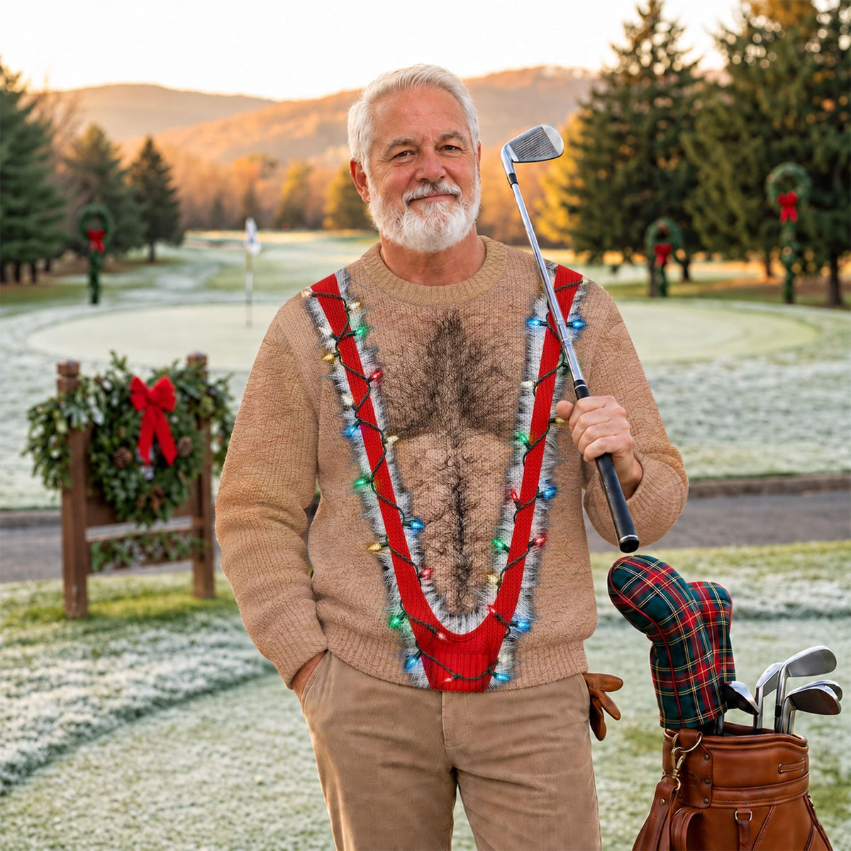 Hairy Chest Lights Print Sweater, Christmas Golf Shirt For Men, Ugly Christmas Sweater