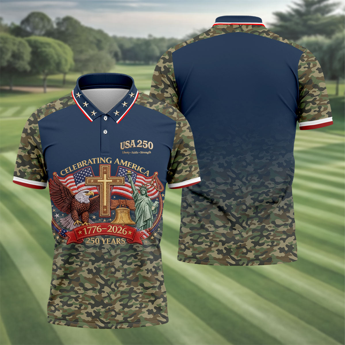 Liberty Faith Strength Faith Cross USA 250 Navy Camo Golf Shirt, 4th Of July Golf Shirts For Men