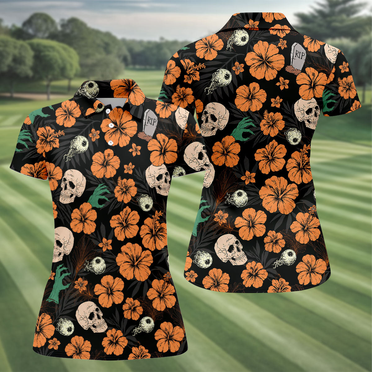 Halloween Skull Hibiscus Floral Pattern Golf Polo Shirt, Ladies Golf Shirts, Golf Polo For Women