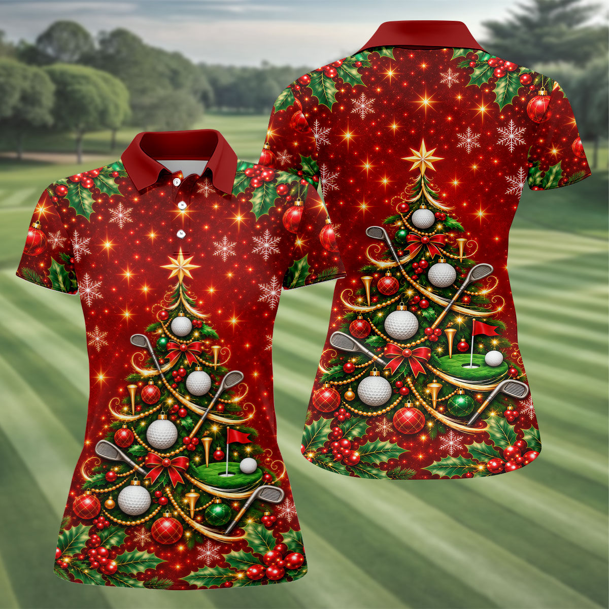 Golf Ball And Club Tree Christmas Golf Shirt, Ladies Golf Shirts, Golf Tops For Women