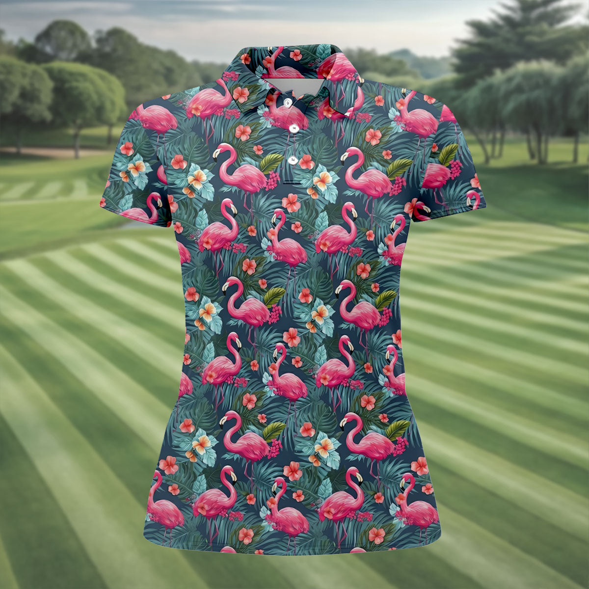 Pink Flamingo Tropical Floral Golf Polo Shirt, Golf Shirts For Women, Women's Golf Apparel