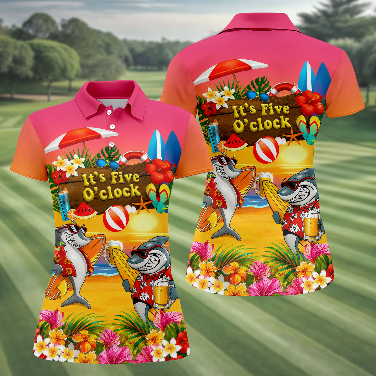 Pink Sunset It's Five O'Clock Beach Shark Golf Polo Shirt, Golf Shirts For Women, Women's Golf Polo