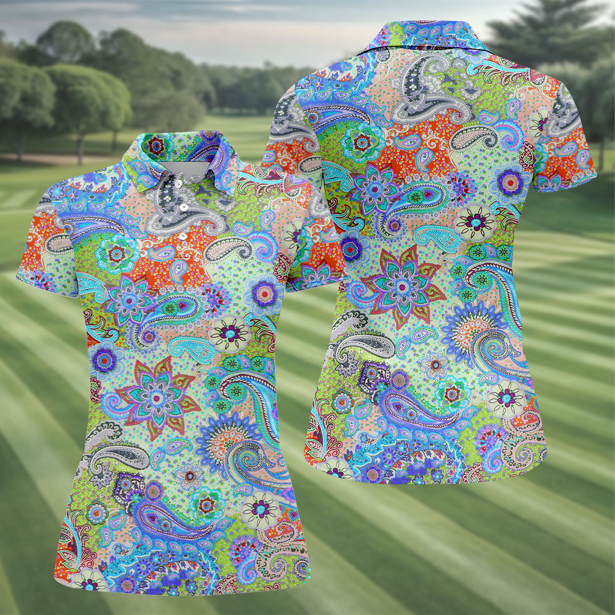 Colorful Boho Paisley Floral Pattern Golf Polo, Women's Golf Tops, Printed Golf Shirt