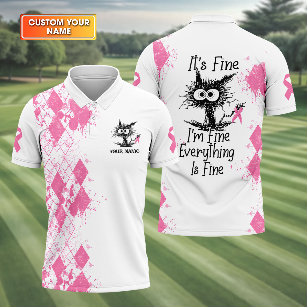 Custom Im Fine Everything Is Fine Breast Cancer Polo Shirt, Mens Golf Shirts, Mens Polo Shirts