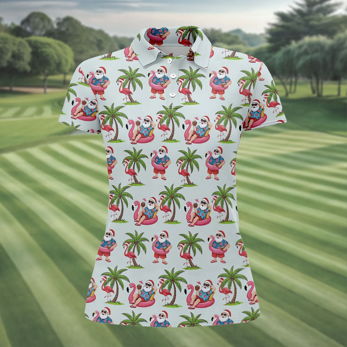 Tropical Santa Flamingo Beach Golf Polo, Ladies Golf Shirt, Performance Golf Shirt