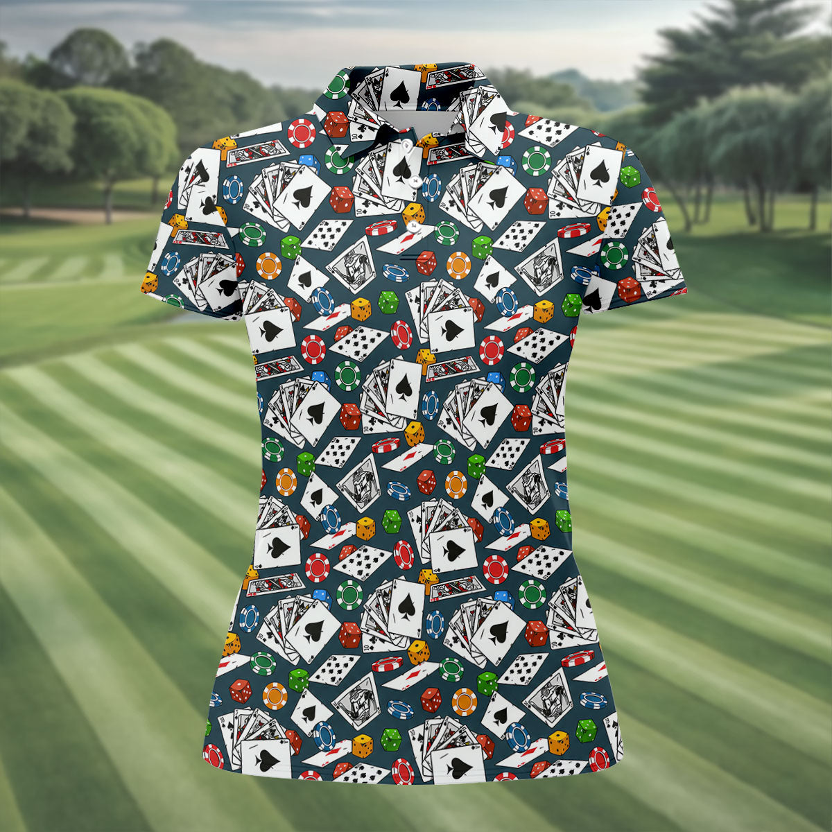 Poker Blackjack Hawaiian Golf Shirt, Playing Card Pattern Women's Golf Tops, Ladies Golf Shirts