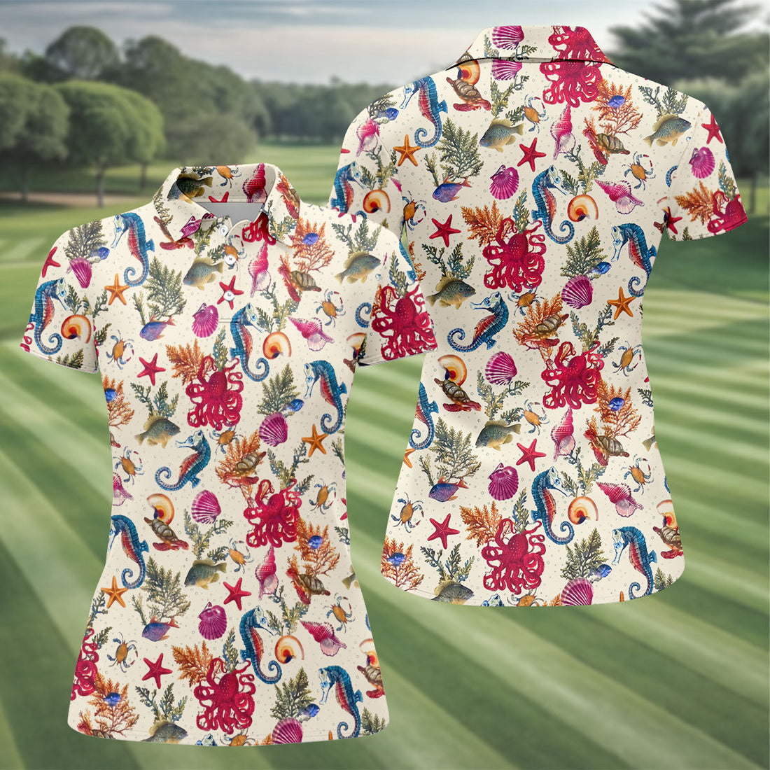 Marine Life Coral Reef Pattern Golf Shirt, Women's Golf Shirt, Hawaiian Golf Shirt, Golf Polo For Women