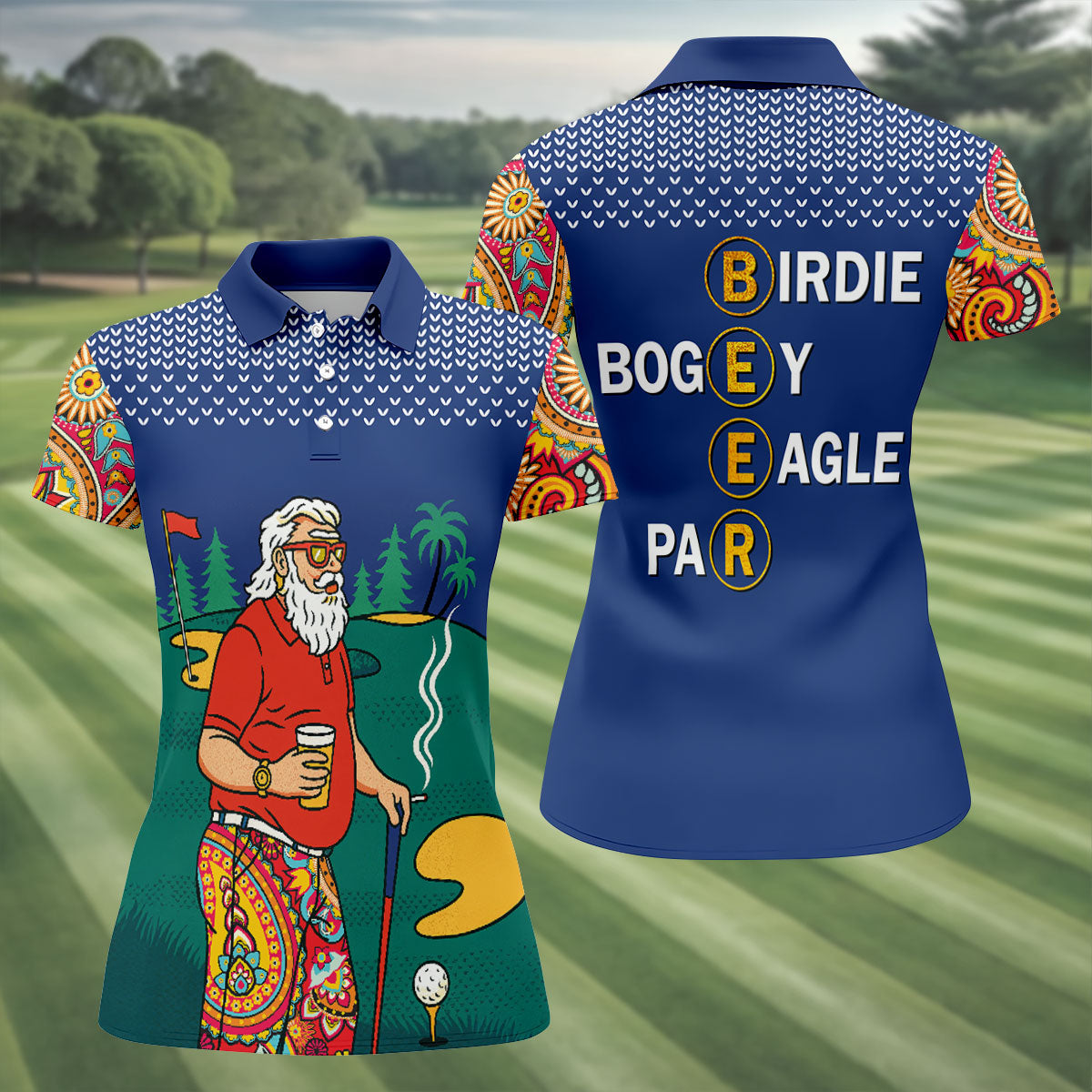 Funny Retro Golfer Drinking Beer Paisley Polo Shirt, Golf Shirts For Women, Women’s Golf Apparel