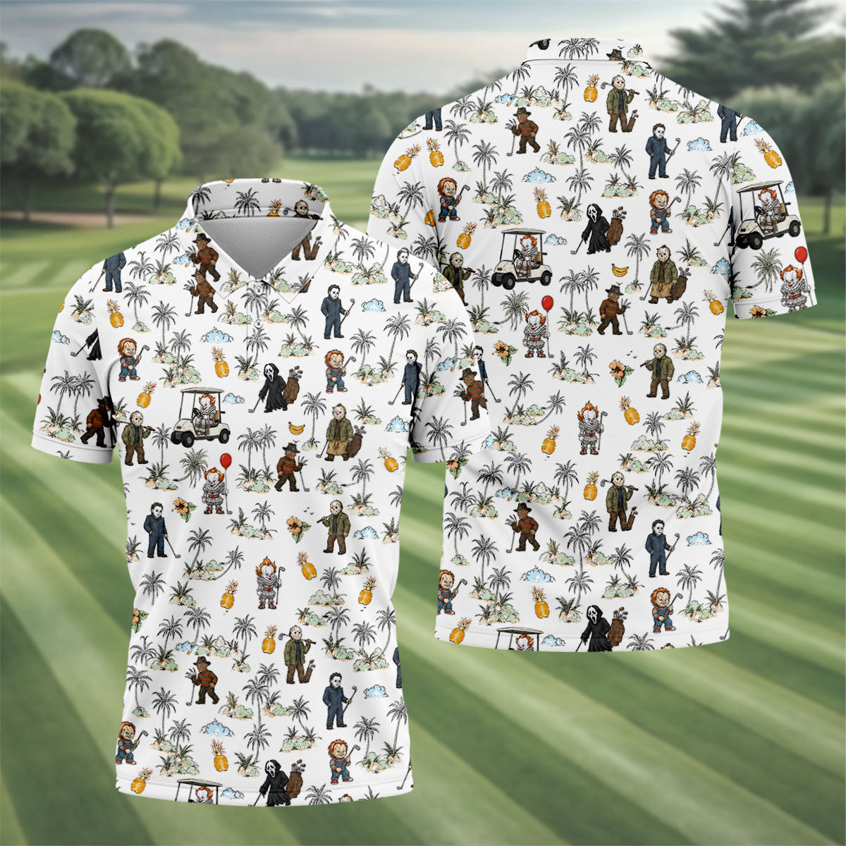 Mini Horror Character Halloween Golf Shirt, Printed Golf Shirts, Golf Polo Shirts For Men