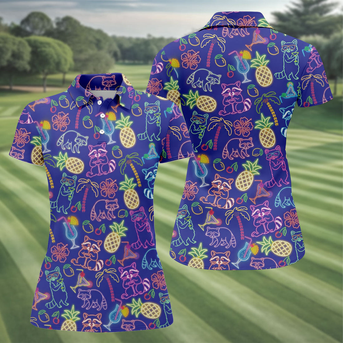 Neon Tropical Raccoon Cocktail Pattern Hawaiian Golf Shirt, Women's Golf Tops, Ladies Golf Shirts