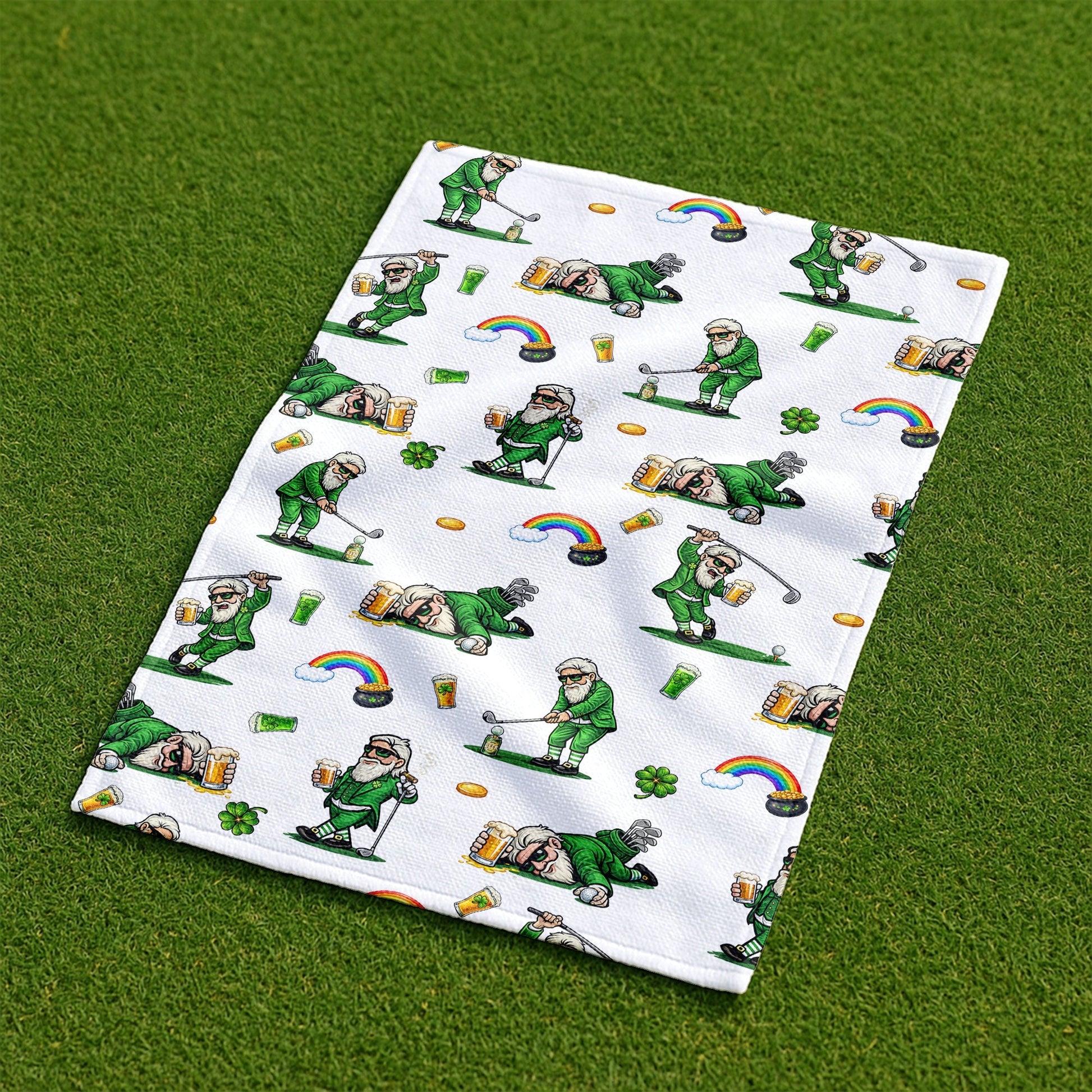 St. Patrick's Day Leprechaun Golf Towel White With Beer And Lucky Shamrock, Golf Towel, Funny Golf Gift