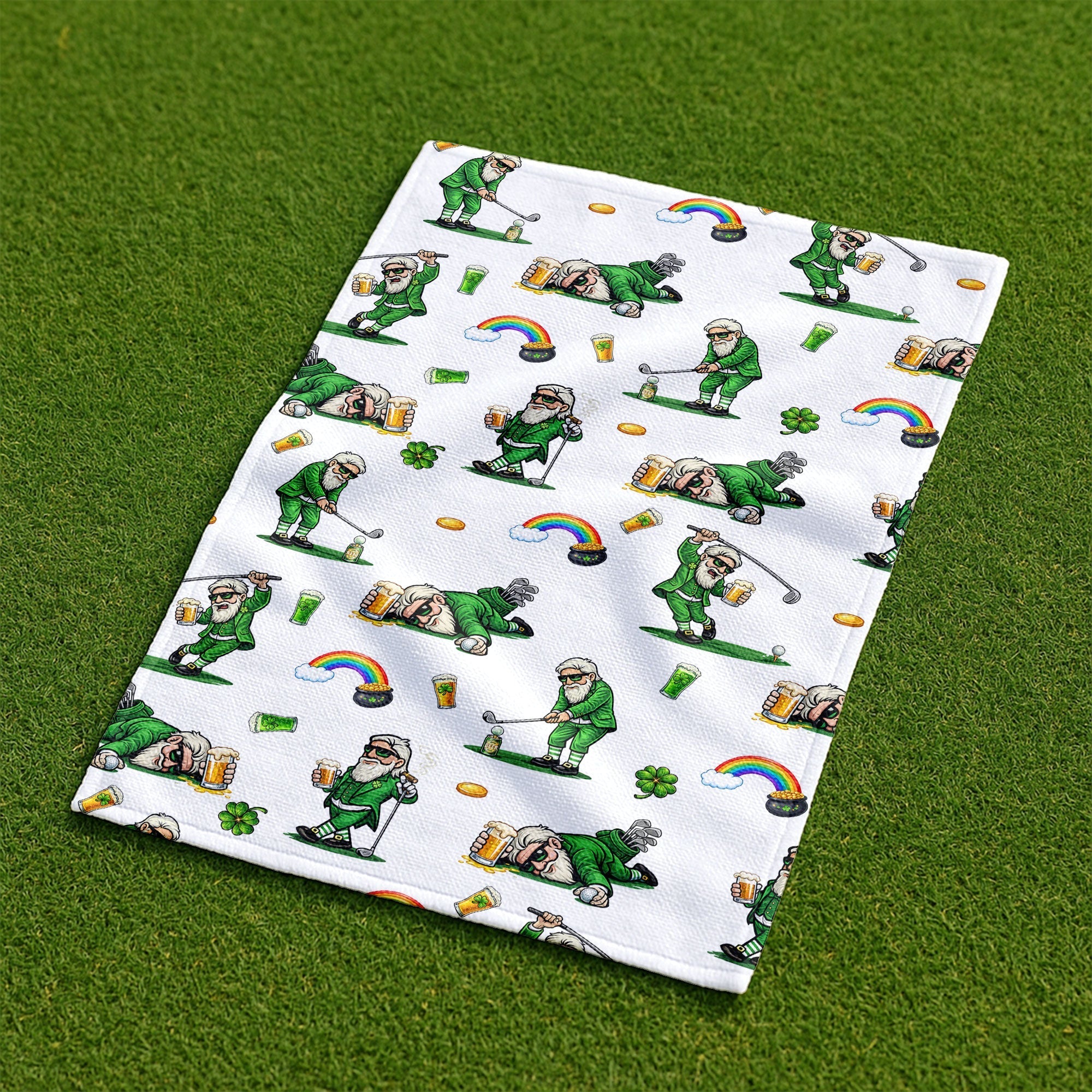St. Patrick's Day Leprechaun Golf Towel White With Beer And Lucky Shamrock, Golf Towel, Funny Golf Gift