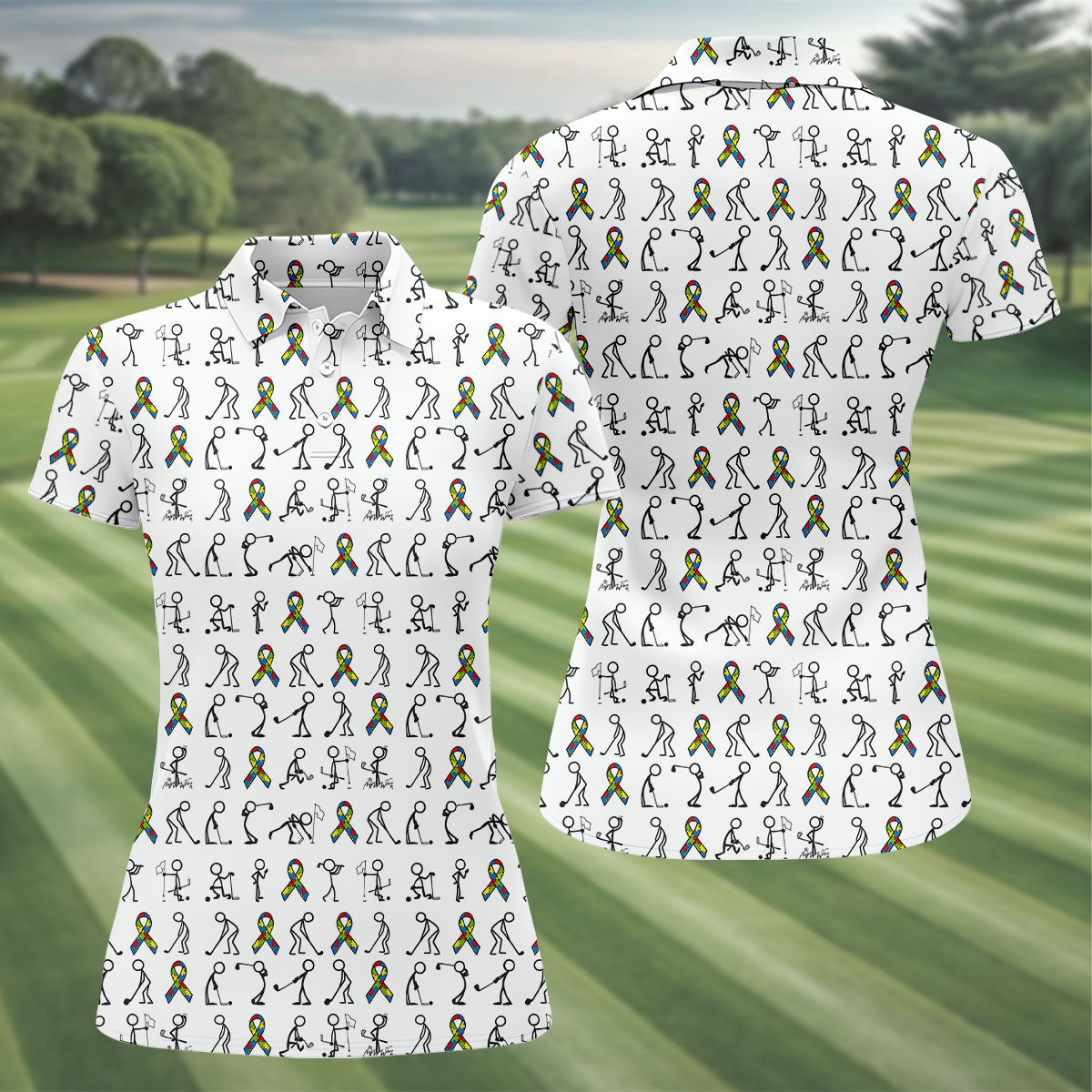 Stick Figure Golf Pose Autism Ribbon White Golf Shirt, Autism Awareness Colors Ladies Golf Polos