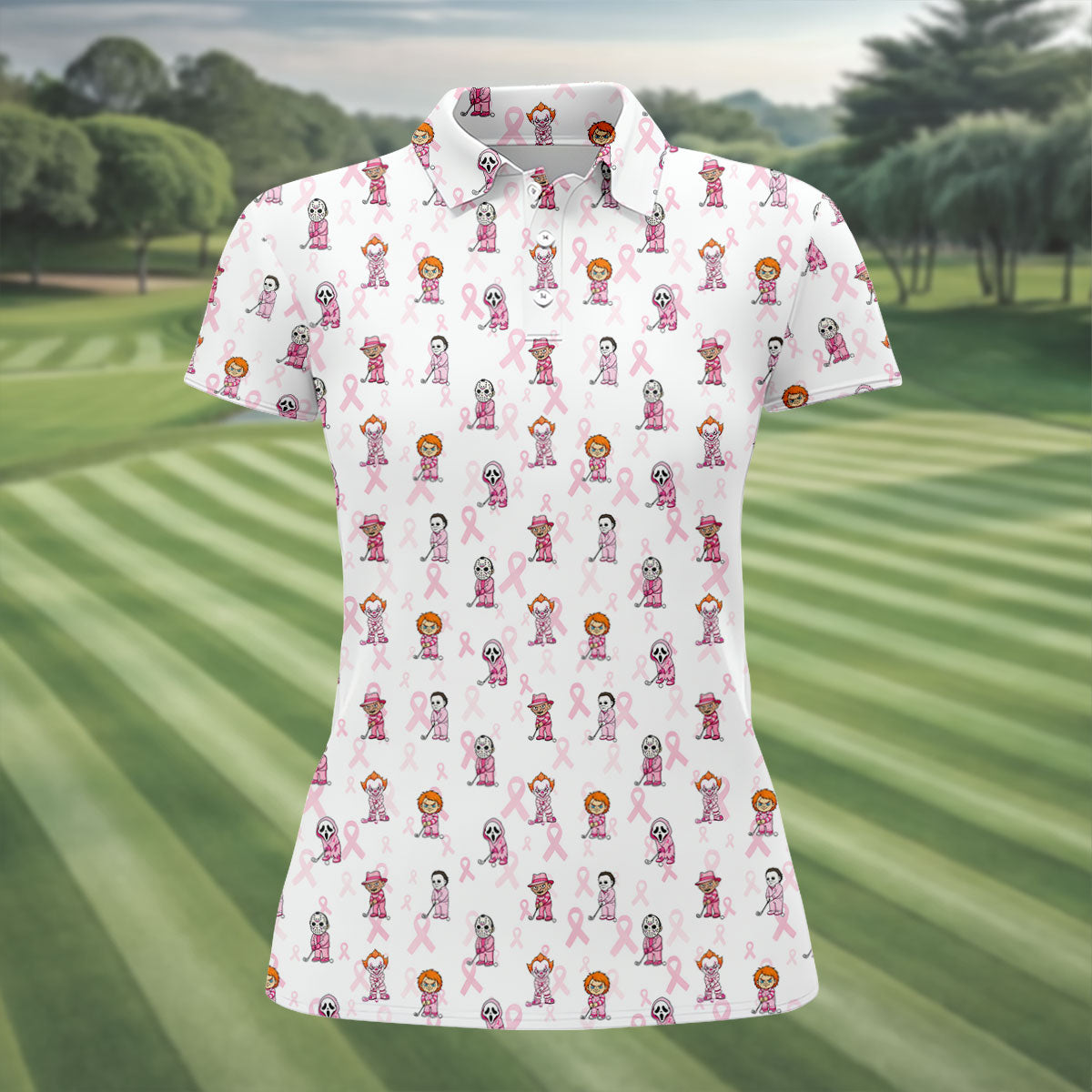 Breast Cancer Chibi Horror Character Polo Shirt, Womens Golf Tops, Golf Polo For Women