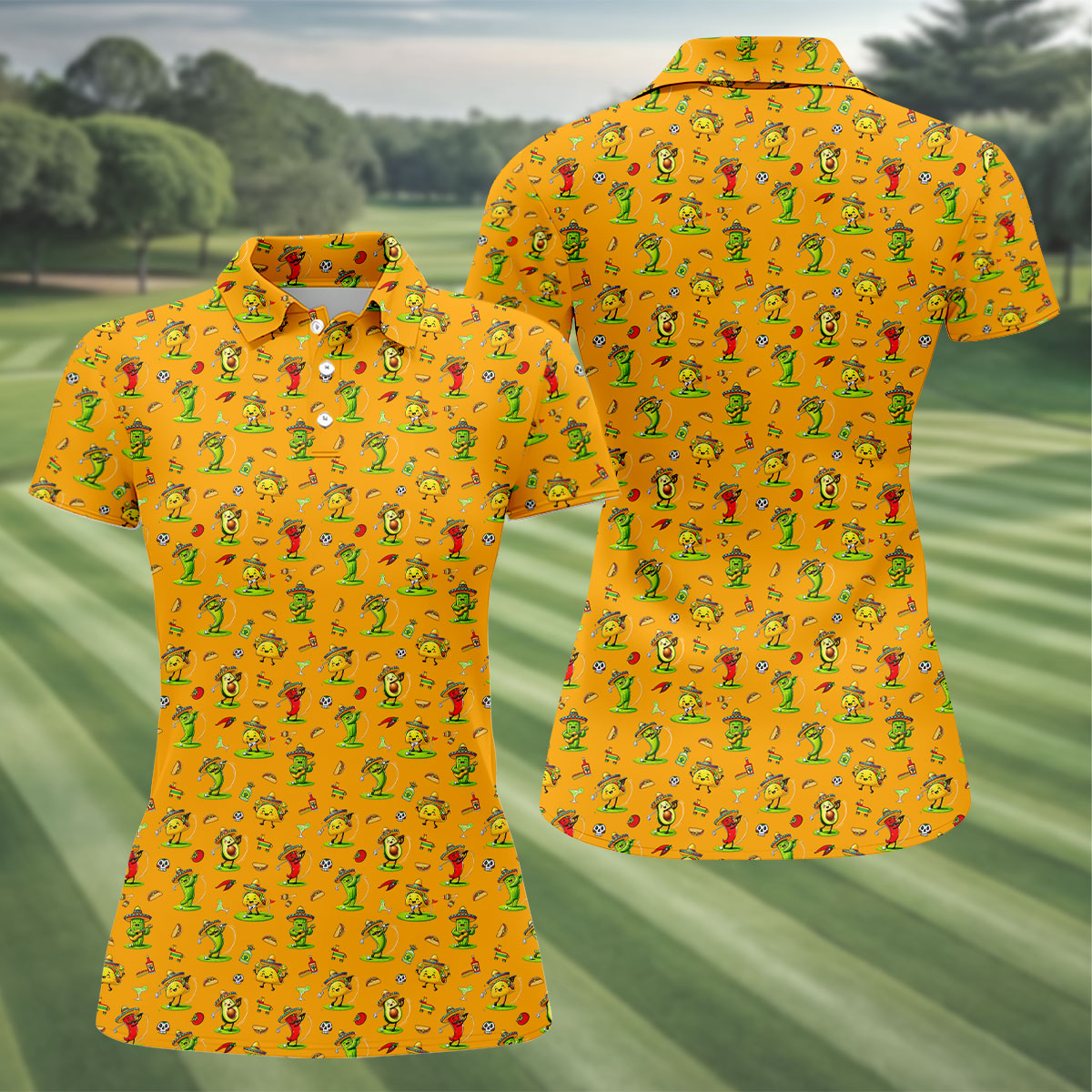 Mexican Cartoon Food Characters Cinco De Mayo Celebration Fiesta Themed Orange Golf Shirt For Women