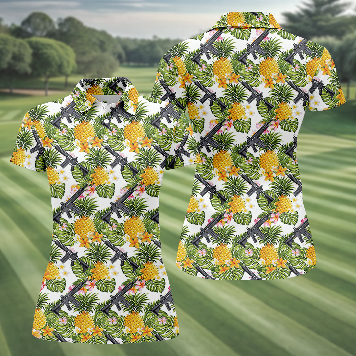 Tropical Pineapple Rifle Hawaiian Golf Shirt Pattern, Hawaiian Golf Shirt, Women’s Golf Apparel