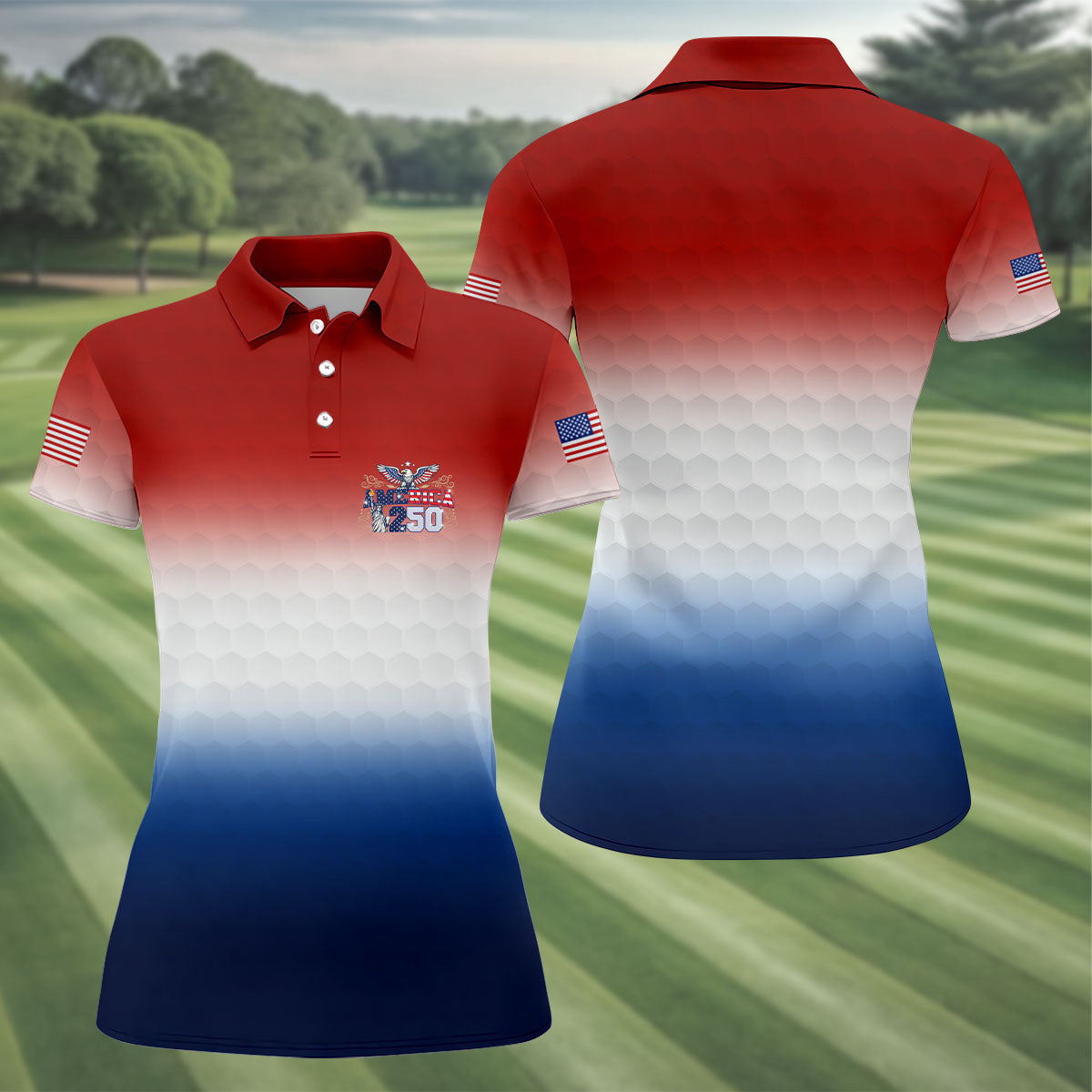 America 250 Red White Blue Golf Ball Pattern US Flag Golf Shirt, Patriotic 4th Of July Golf Shirt For Women