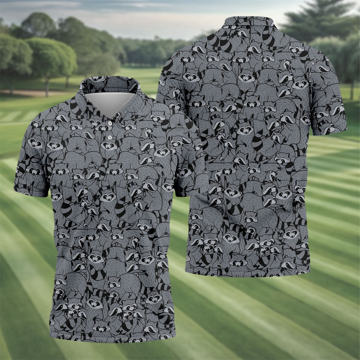 Gray Cartoon Raccoon Pattern Golf Polo Shirt, Men's Golf Shirt, Golf Polo Shirts For Men