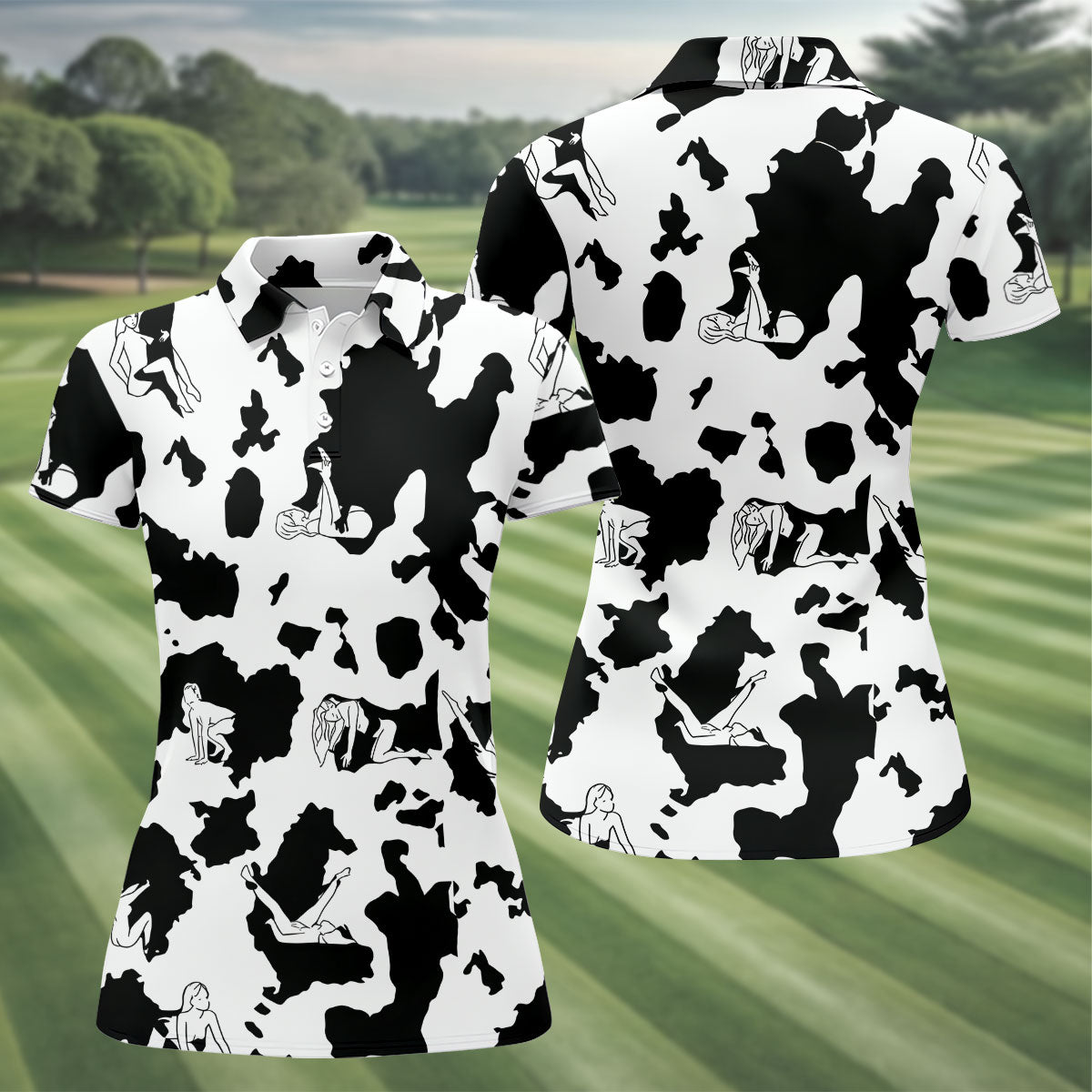 Cow Print Golf Shirt, Adult Humor Hidden Pin Up Pattern, Golf Shirt For Women