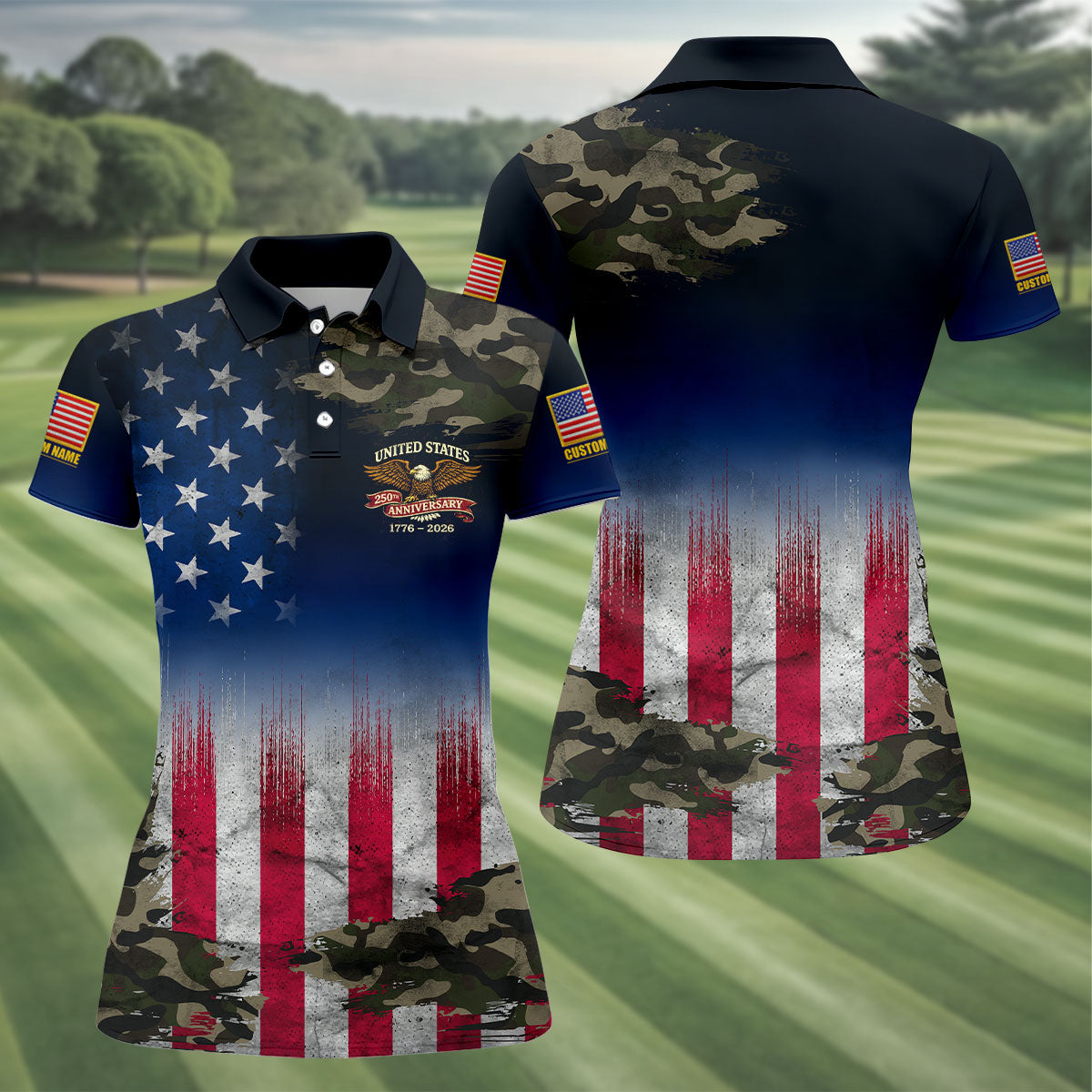 United States 250th Anniversary Camo Patriotic 4th Of July Golf Shirt, Distressed Flag Golf Shirt For Women