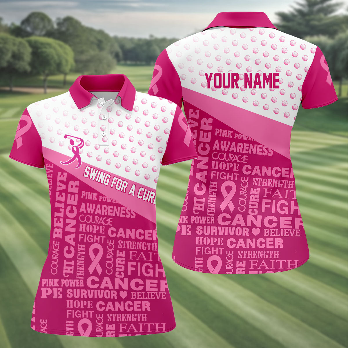Custom Swing For A Cure Breast Cancer Polo Shirt, Golf Tops For Women, Printed Golf Shirt
