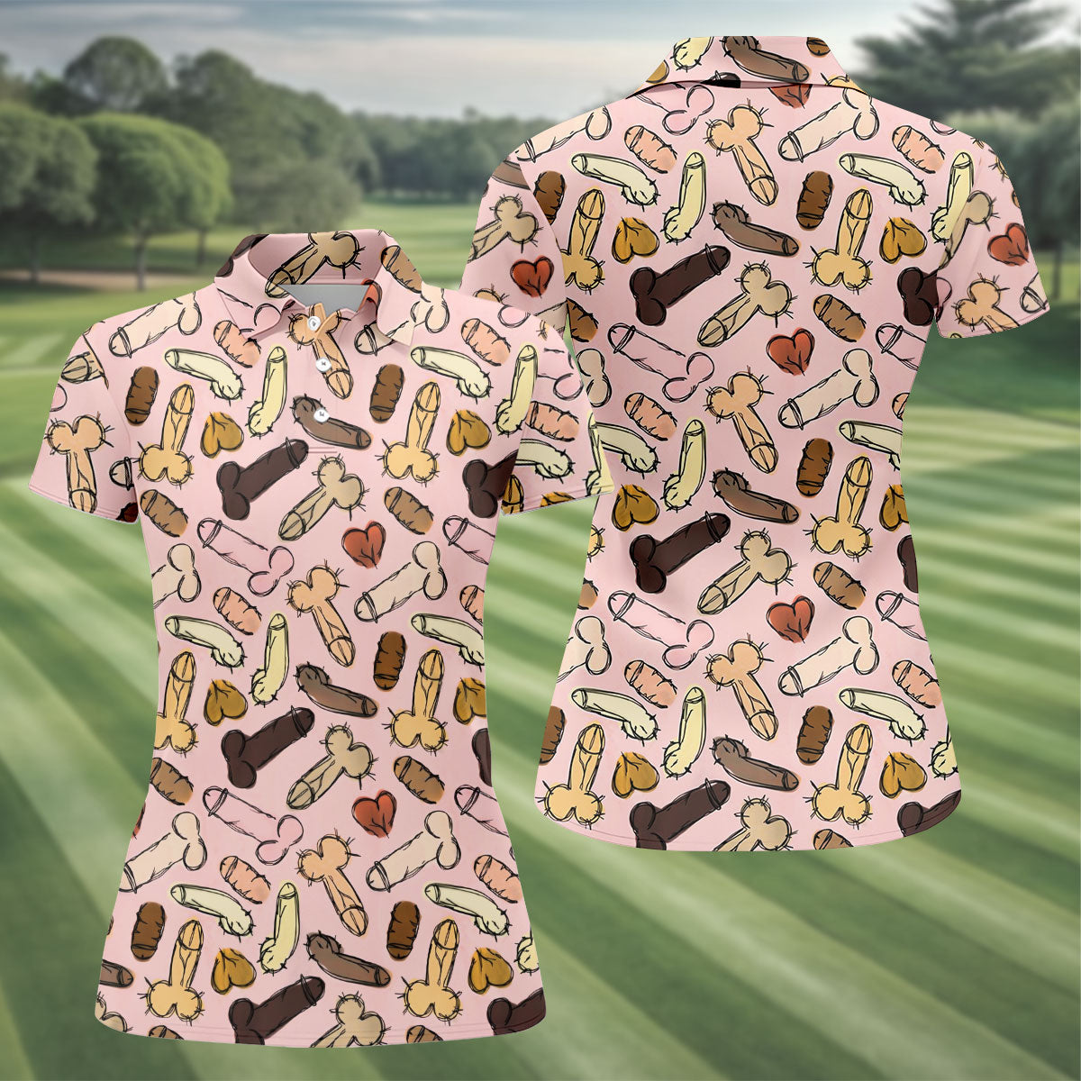 Funny Penis Doodle Pattern Golf Polo Shirt, Women's Golf Tops, Printed Golf Shirt