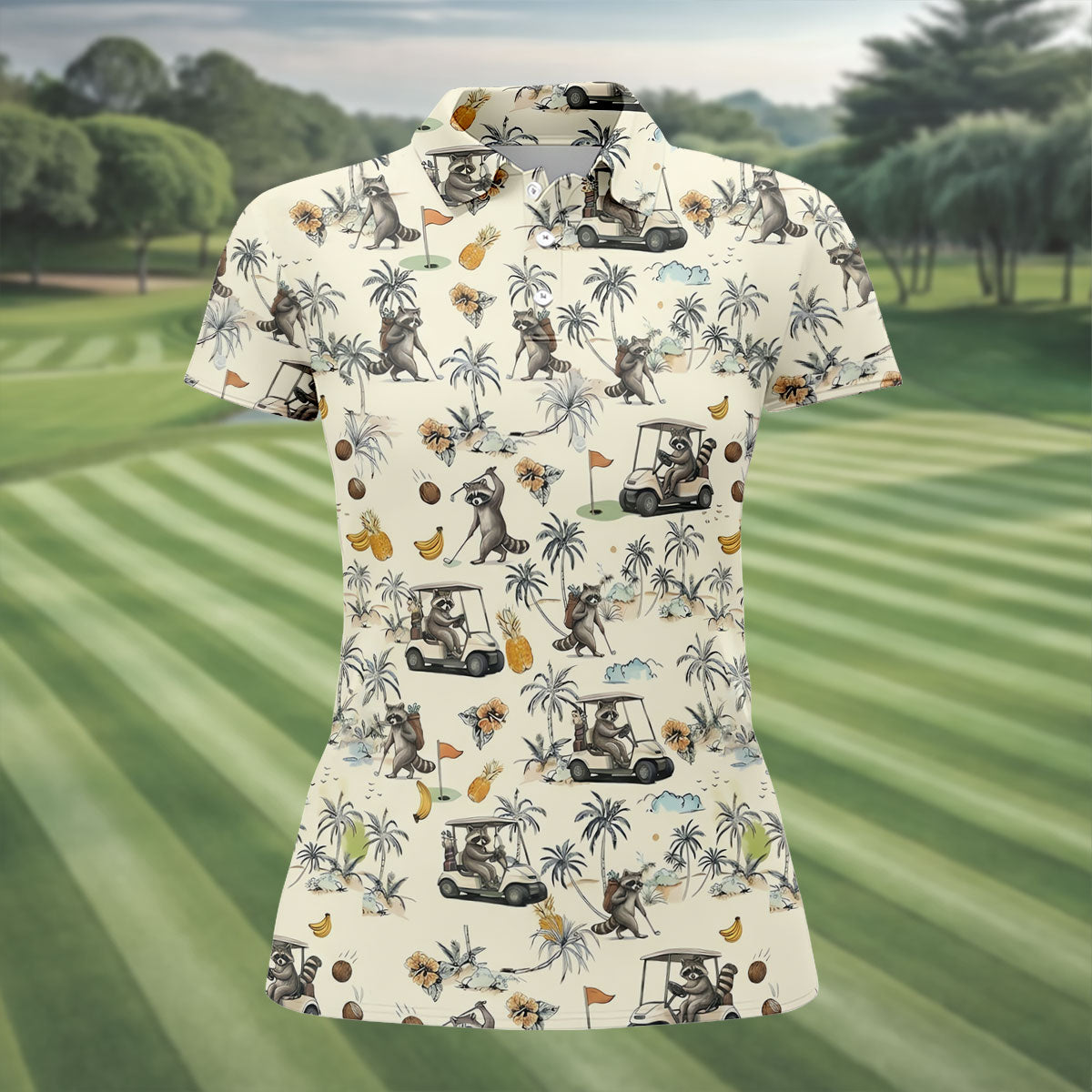 Funny Raccoon Golf Cart Tropical Pattern Polo Shirt, Womens Golf Polo, Ladies Golf Top