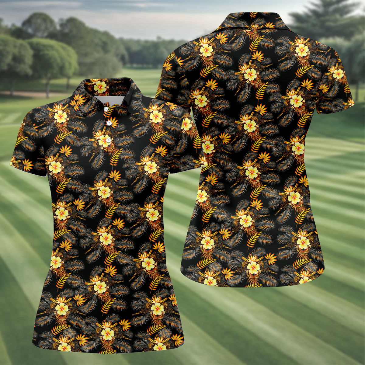 Yellow Hibiscus Flower Black Hawaiian Golf Shirt, Tropical Vibe Golf Shirt For Women