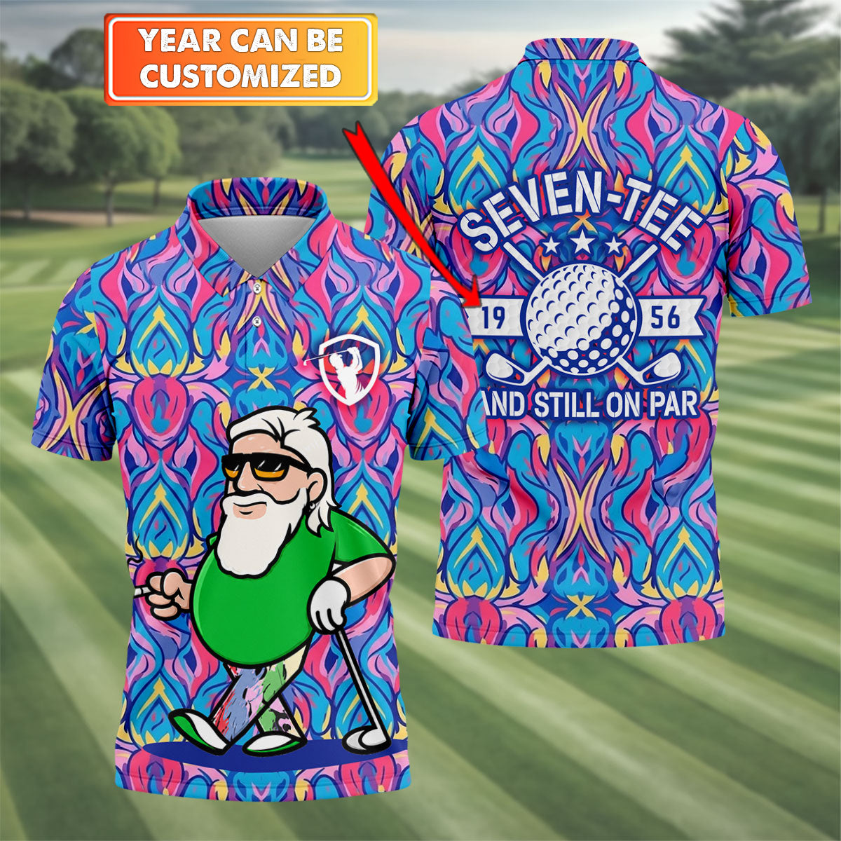 Colorful Psychedelic Santa Golfer Print Men's Golf Shirt, Mens Golf Apparel, Hawaiian Golf Shirt