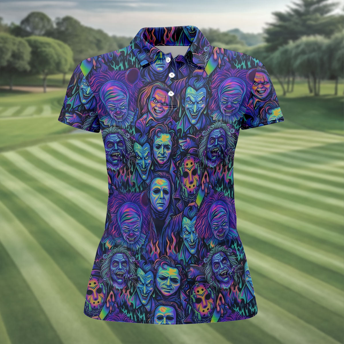 Neon Horror Character Villains Halloween Golf Shirt, Women's Golf Polo, Ladies Golf Tops