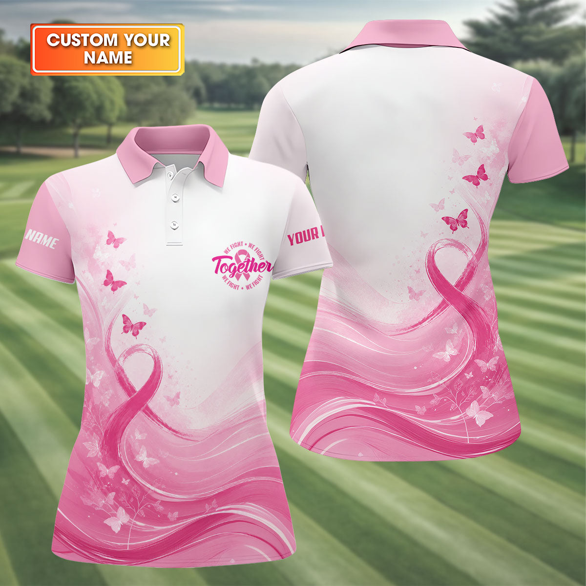 Custom Together We Fight Butterfly Breast Cancer Polo Shirt, Golf Tops For Women, Printed Golf Shirt