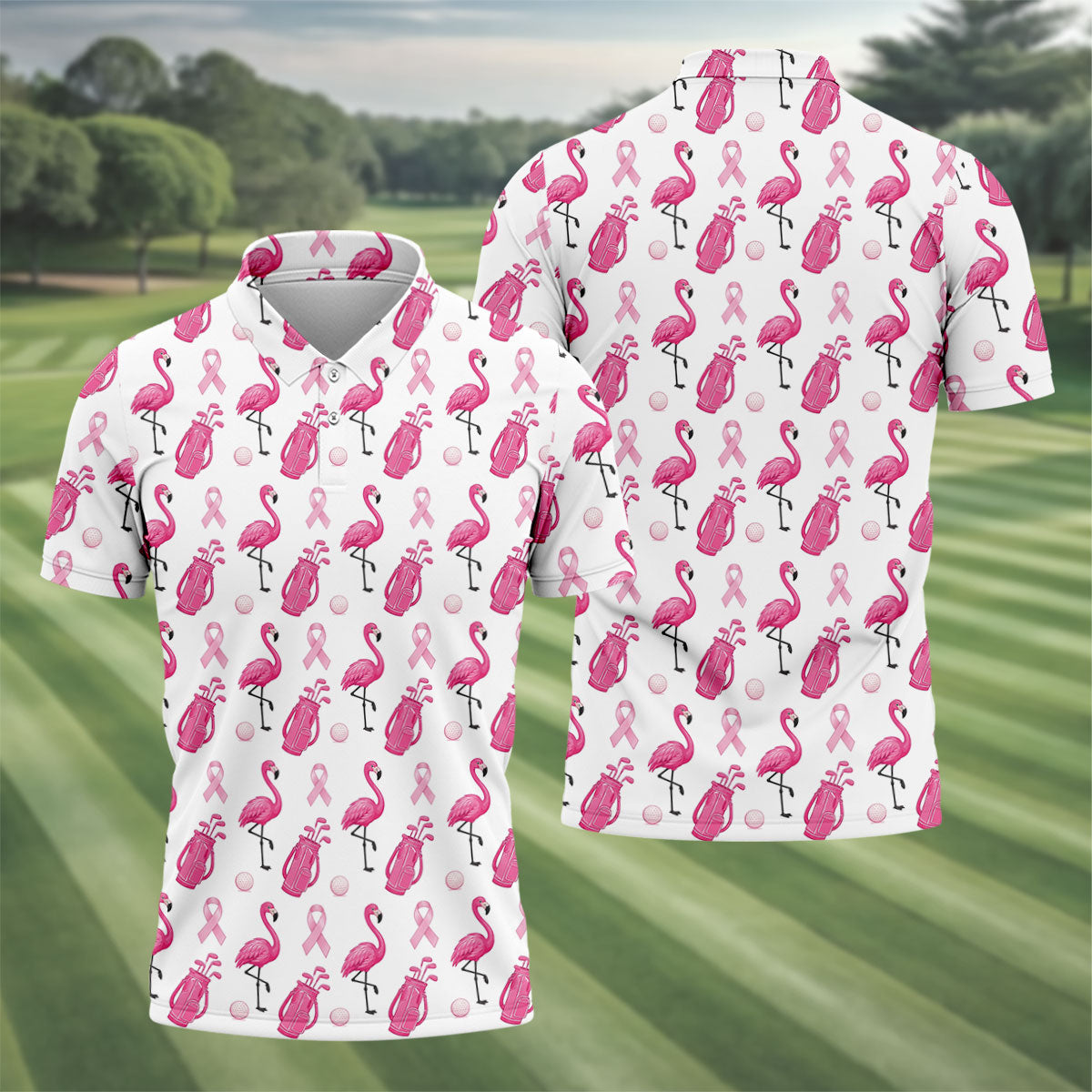 Pink Flamingo Golf Bag Breast Cancer Polo Shirt, Men's Golf Shirt, Printed Golf Shirts