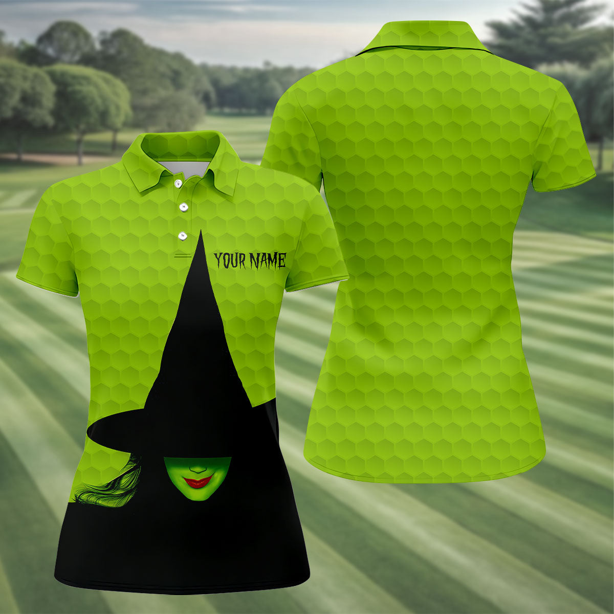 The Green Witch Golf Ball Pattern Fun Women's Golf Shirts, Spooky Vibe Ladies Golf Polos, Halloween Golf Shirt