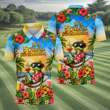 Funny Tropical Frog Drinking Hawaiian Golf Shirt, Mens Golf Polo, Printed Golf Shirts