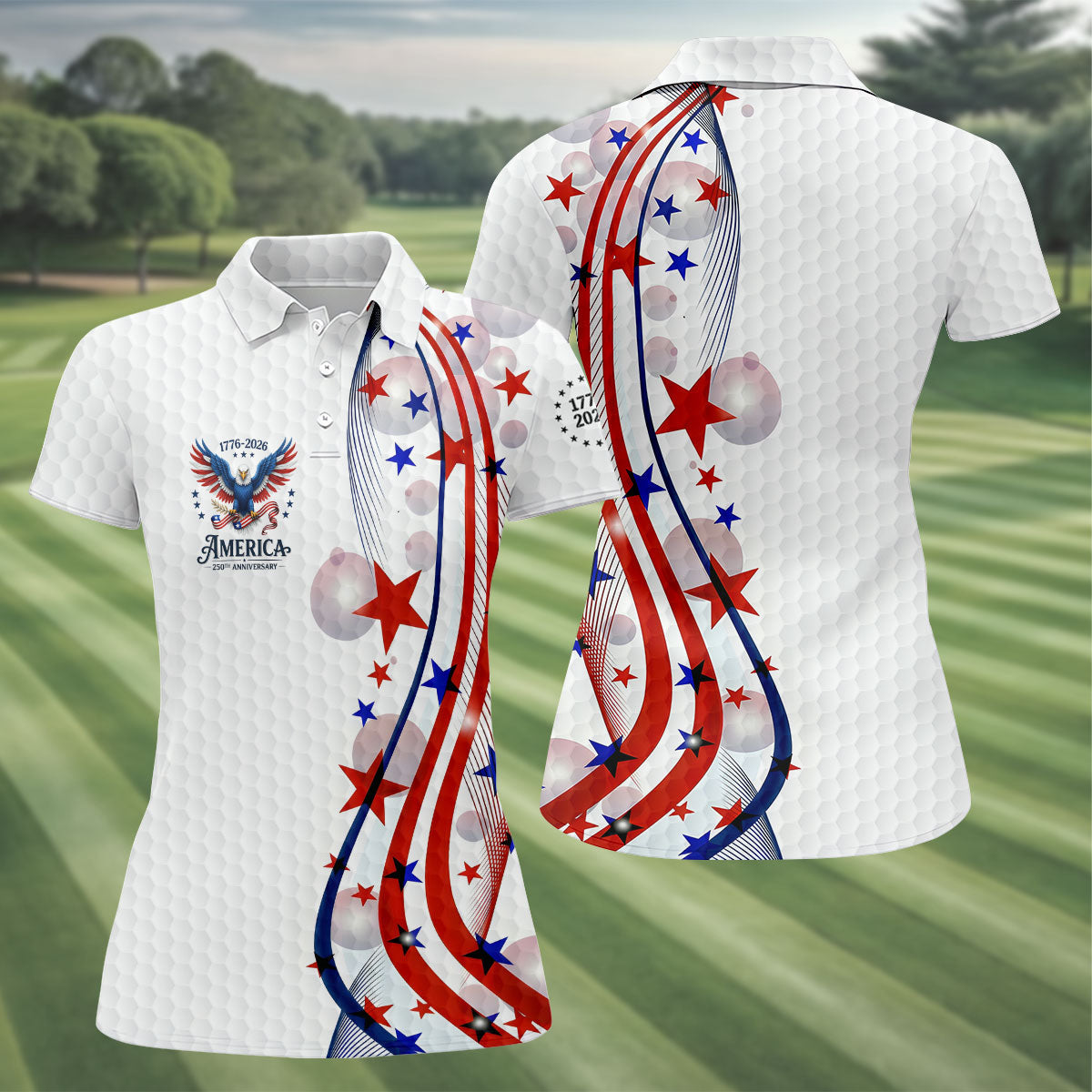 Red White Blue Wavy Stripes Bald Eagle Logo Patriotic 4th Of July Golf Shirt, 250 Years Golf Shirt For Women