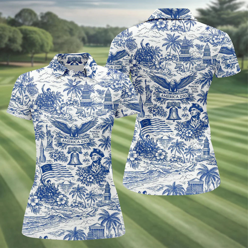 250 Years Of America Tropical Vibe Vintage Golf Polo Shirt, Patriotic 4th Of July Golf Shirt For Women