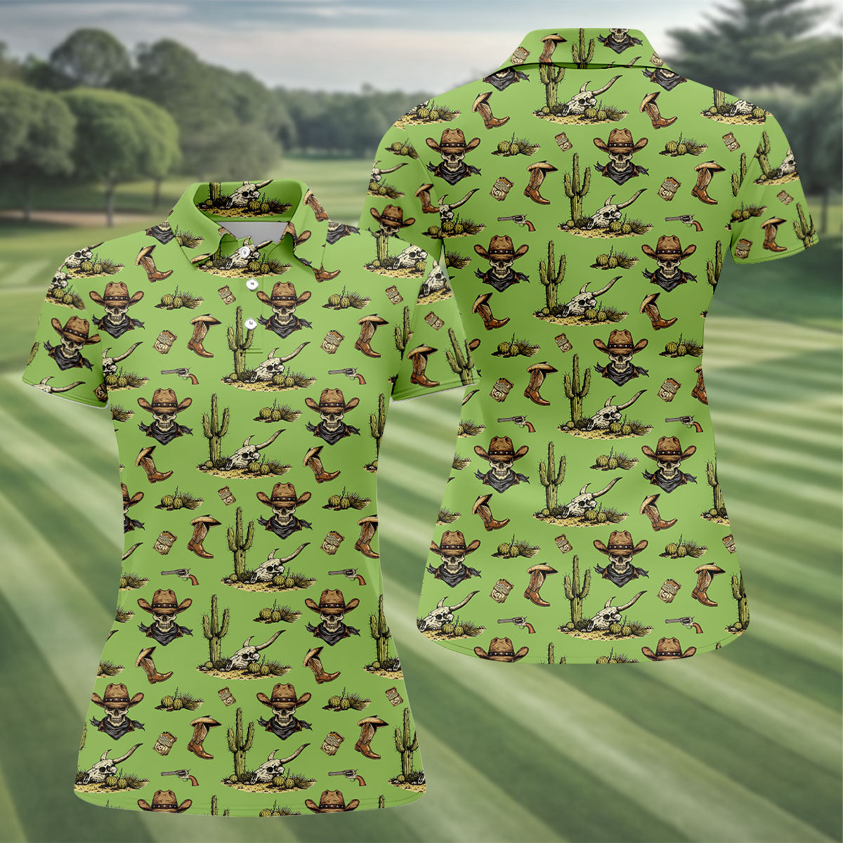 Cowboy Skeleton Longhorn Cow Skull Western Theme Sage Green Ladies Golf Shirts, Golf Shirt For Women
